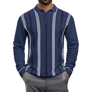 Men's Polo Sweater Long Sleeve Striped Thermal Button Collar Sweater Navy Blue